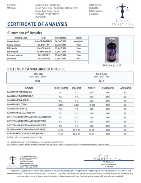 Lab Test Report - Page 1 for Purple Stuff HHC Syrup - Full Ingredient Breakdown