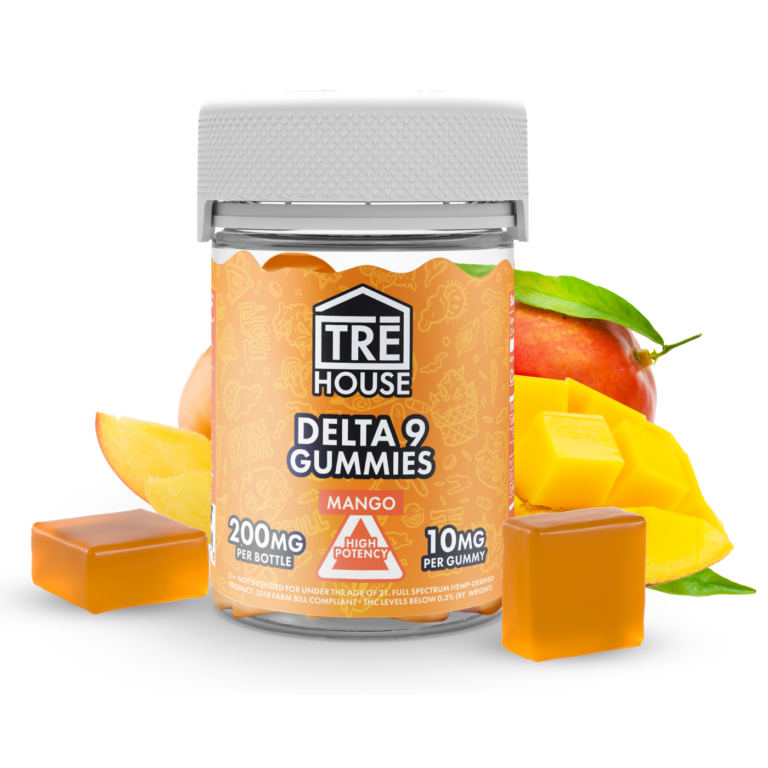 Front of Tre House Mango THC Gummies package with vibrant mango design