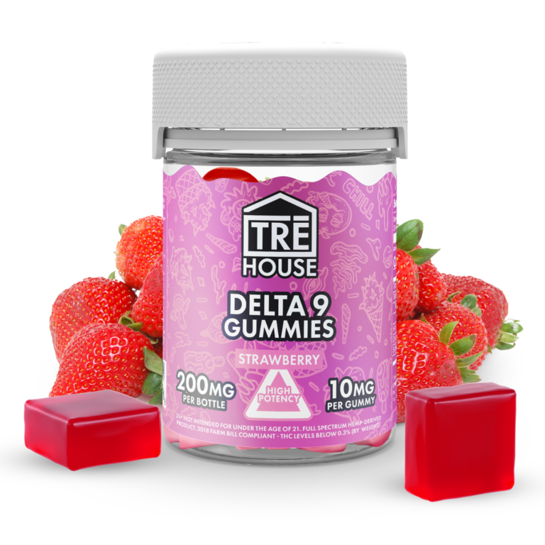 Front of Tre House Strawberry THC Gummies package with vibrant strawberry design