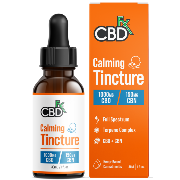 CBDfx Calming Tincture 1000mg CBD + 150mg CBN in an orange box with a white bottle next to it, set against a clean white background