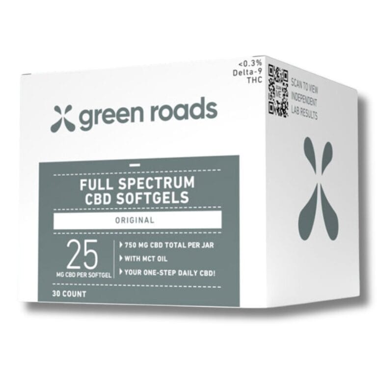 Front of Green Roads Cannabis Capsules bottle with minimalist cannabis capsule design