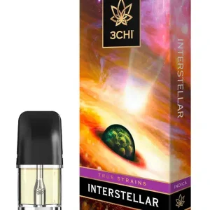 Front of 3CHI Interstellar Pods with THC showcasing sleek pod design and cosmic-inspired packaging