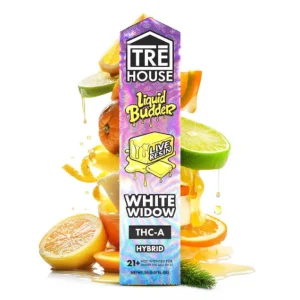 Front of White Widow Live Resin THC Vape with sleek design and bold, classic-inspired details