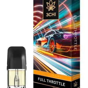 Front of 3CHI Full Throttle Pods with THC showcasing sleek pod design and dynamic, energy-inspired packaging