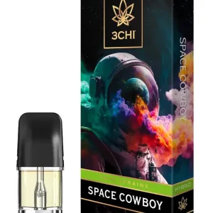 Front of 3CHI Space Cowboy Pods with THC showcasing sleek pod design and cosmic western-inspired packaging