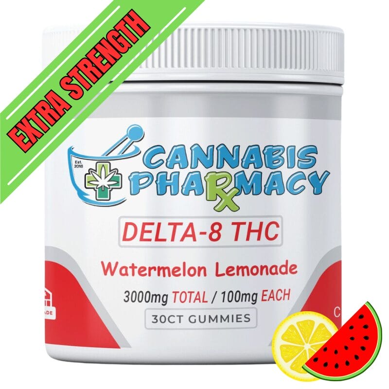 White jar of Cannabis Pharmacy Delta-8 THC Gummies labeled Watermelon Lemonade flavor, 3000mg total, 100mg each, 30 count