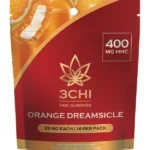 Front of 3CHI Orange Dreamsicle HHC Gummies package with sleek design and vibrant orange creamsicle-inspired details