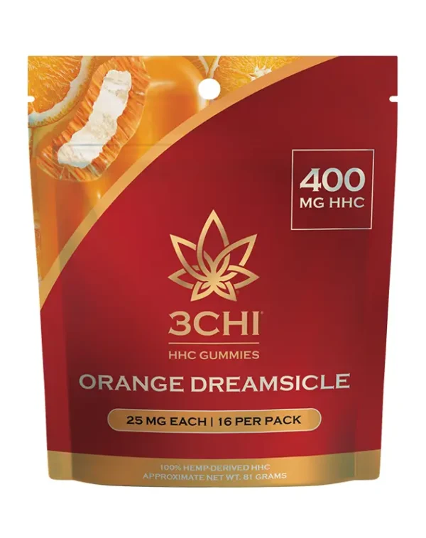 Front of 3CHI Orange Dreamsicle HHC Gummies package with sleek design and vibrant orange creamsicle-inspired details