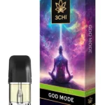 Front of 3CHI God Mode Pods with THC featuring sleek design and celestial-inspired, powerful packaging