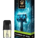 Front of 3CHI Hammer of God Pods with THC featuring sleek design and bold, powerful-inspired packaging