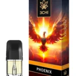 Front of 3CHI Phoenix Pods with THC featuring sleek design and fiery, rebirth-inspired packaging
