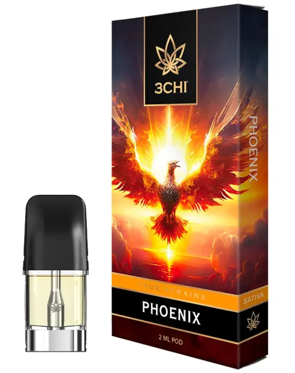 Front of 3CHI Phoenix Pods with THC featuring sleek design and fiery, rebirth-inspired packaging