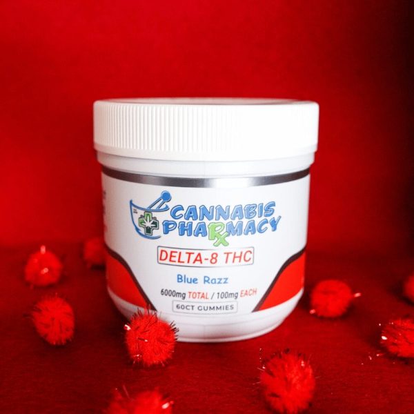A 60-count jar of Blue Raspberry 100mg D8 Gummies by Cannabis Pharmacy, featuring bold flavor, high potency, and bulk savings.
