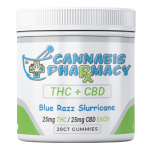 Front label of Cannabis Pharmacy Blue Razz Slurricane THC + CBD Gummies jar, displaying 25mg THC and 25mg CBD per gummy in a 20-count container.