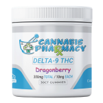 Front view of Cannabis Pharmacy Dragonberry 10mg THC Gummies jar, showing 300mg total Delta-9 THC and 10mg per gummy.