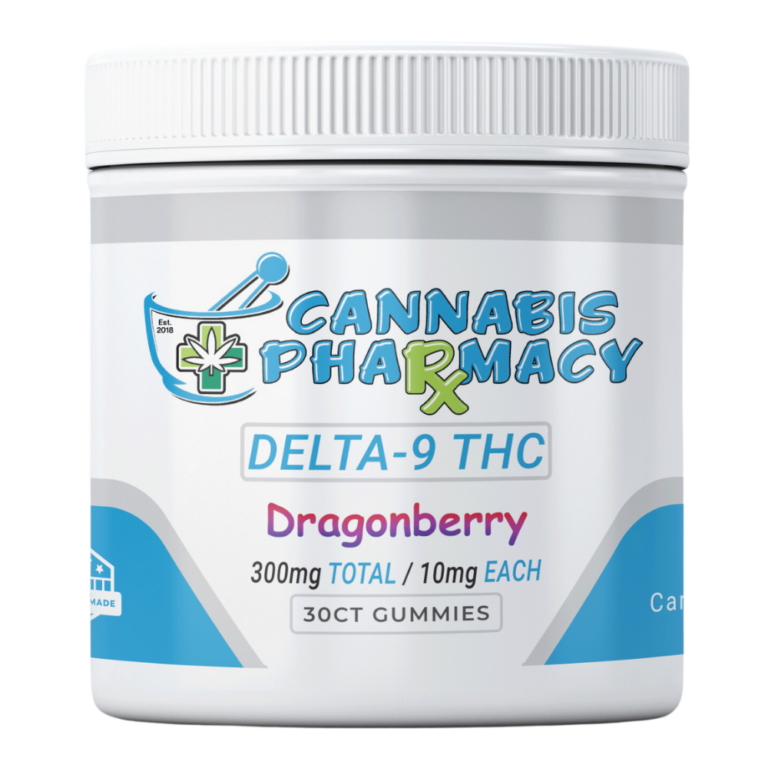 Front view of Cannabis Pharmacy Dragonberry 10mg THC Gummies jar, showing 300mg total Delta-9 THC and 10mg per gummy.