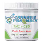 Front label of Cannabis Pharmacy Fruit Punch Kush D9 Gummies jar, showing 25mg THC and 25mg CBD per gummy.