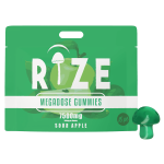 Front of Rize Sour Apple Mushroom Gummies package featuring sleek design and bold sour apple-inspired artwork