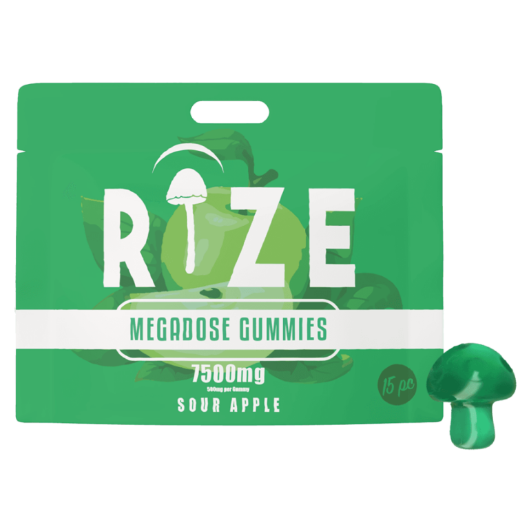 Front of Rize Sour Apple Mushroom Gummies package featuring sleek design and bold sour apple-inspired artwork