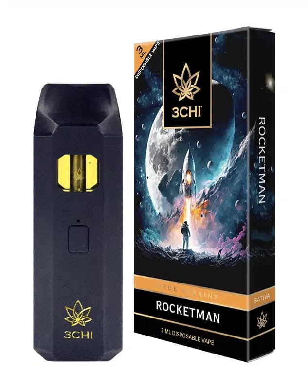 Front of True Strains Rocket Man THC Vape package featuring sleek, modern design with cosmic, space-inspired artwork