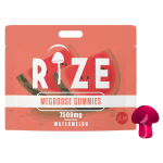 Front of Rize Watermelon Mushroom Gummies package featuring sleek design and vibrant watermelon-inspired artwork