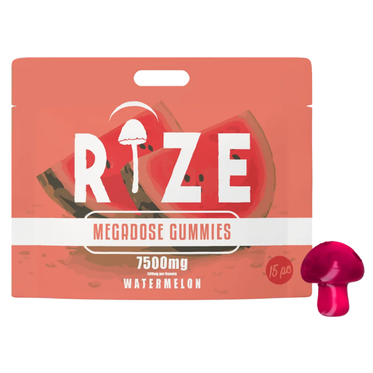 Front of Rize Watermelon Mushroom Gummies package featuring sleek design and vibrant watermelon-inspired artwork