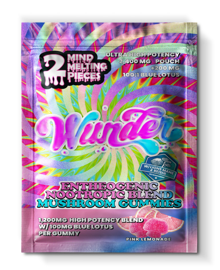 Front of 2ct Pink Lemonade Mushroom Gummies with Blue Lotus package featuring vibrant pink lemonade-inspired artwork with sleek, modern design
