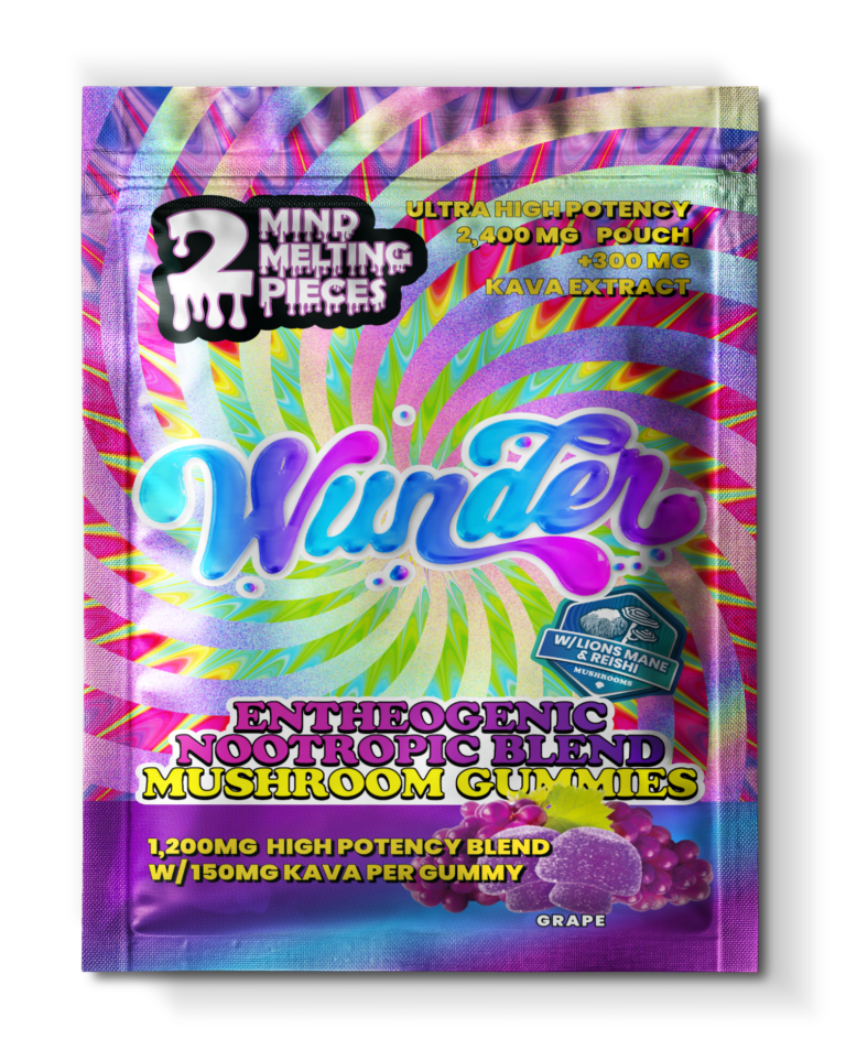 Front of 2ct Grape Mushroom Gummies with Kava package featuring bold grape-inspired artwork with sleek, modern design