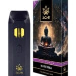 Front of True Strains Nirvana THC Vape package featuring sleek, modern design with tranquil, zen-inspired artwork