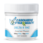 Front of Cannabis Pharmacy 60ct THC Gummies jar featuring clean, clinical-style packaging with bold THC labeling