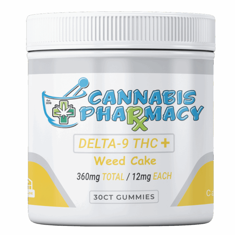 Front-facing image of a Cannabis Pharmacy jar labeled “Weed Cake” Delta-9 THC+ Gummies, showing 360mg total and 12mg each.