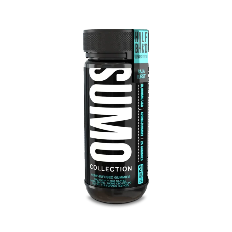 Black bottle of Half Bak’d Baja Burst Sumo Gummies standing upright, with bold white "SUMO" text running vertically and turquoise accents on the cap and label.