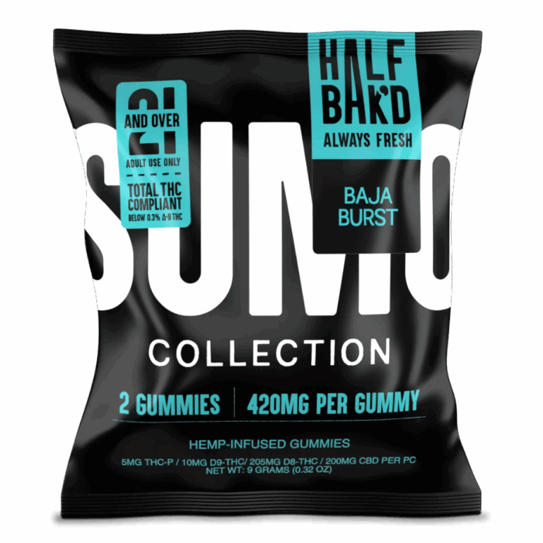 2-count Baja Burst Sumo Gummies pouch by Half Bak’d showing the black and teal packaging with bold “SUMO Collection” branding and cannabinoid content listed.