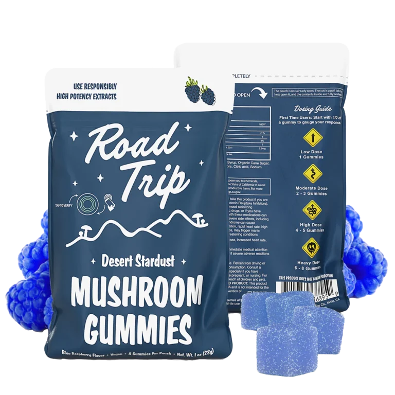 Road Trip Blue Raspberry Mushroom Gummies – front and back of packaging with dosing guide and blue gummy cubes shown.