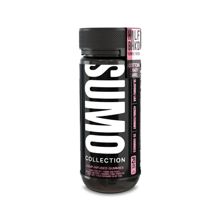 Alt Text: Half Bak’d Cotton Candy Swirl Sumo Gummies jar from the Sumo Collection, featuring a black container with vertical white "SUMO" branding and pink flavor label.