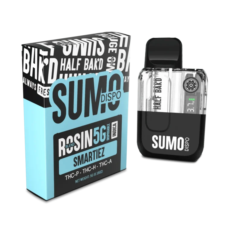 Smartiez THC Vape Pen – Half Bak’d 5G Rosin Disposable (Angled Box View)