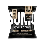 Alt Text: Front-facing image of Half Bak’d 2ct Birthday Cake Sumo Gummies in a sleek black pouch with tan accent branding.