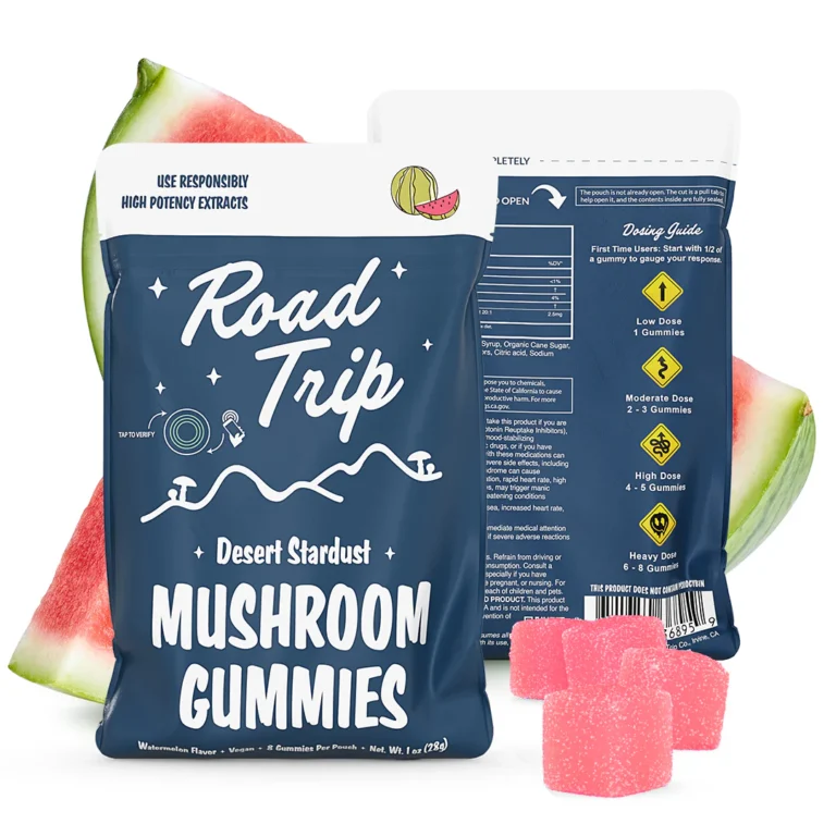 Road Trip Watermelon Mushroom Gummies pouch displayed with sliced watermelon and bright pink cube-shaped gummies.