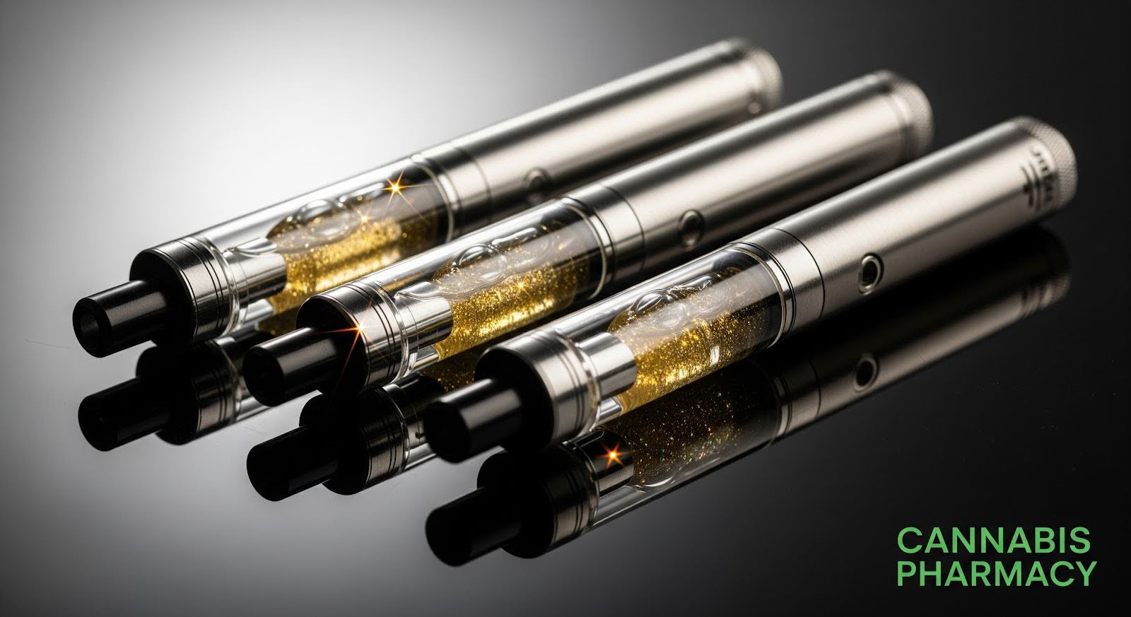 Three metallic thc vape pens lie side by side on a glossy black surface, each filled with shimmering golden liquid. Bright reflections and small star-like sparkles highlight the cartridges, and the words “Cannabis Pharmacy” appear in green text in the bottom right corner.