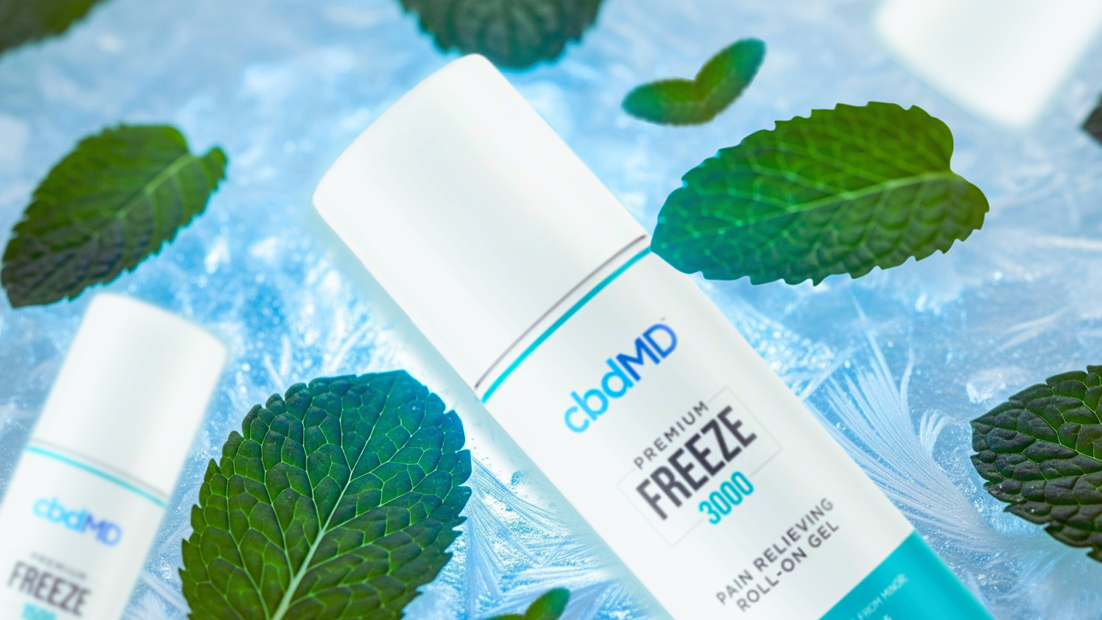 A white bottle of cbdMD Premium Freeze 3000 pain-relieving roll-on gel lies on an icy blue surface surrounded by fresh green mint leaves.