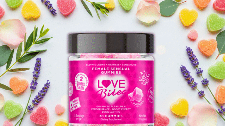 A jar of “Love Bites” female sensual gummies sits centered on a white surface, surrounded by colorful heart-shaped gummy candies, lavender sprigs, rose petals, and green leaves. The jar has a bright pink label with heart patterns and text describing the product’s flavor and features. The gummies inside are pink and sugar-coated.