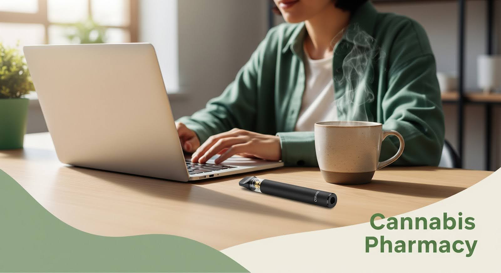 A person in a green shirt works on a laptop at a wooden desk with a steaming cup of coffee beside them. A black vape pen rests on the table, and the text “Cannabis Pharmacy” appears in green at the bottom right corner.