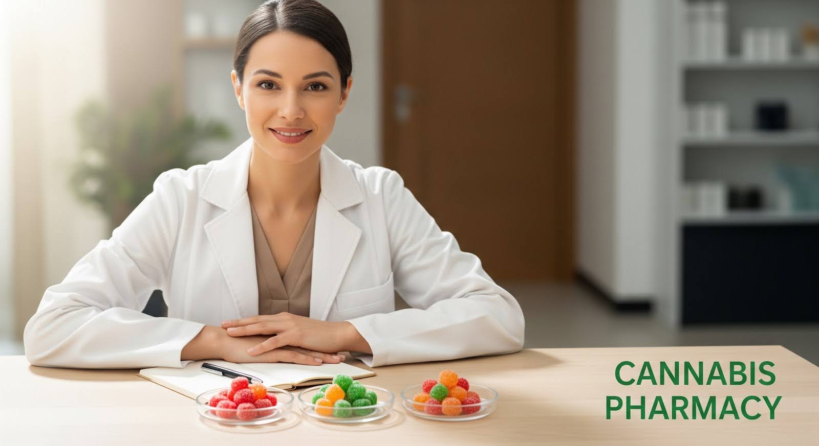A smiling person in a white lab coat sits at a desk with small glass dishes of colorful gummy candies in front of them, along with a notebook and pen. The words "Cannabis Pharmacy" appear in green text on the lower right.