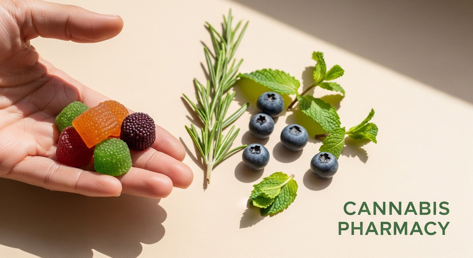 A hand holding colorful gummy candies next to sprigs of rosemary, mint leaves, and blueberries on a beige surface, with the words “Cannabis Pharmacy” written in green text on the right side.