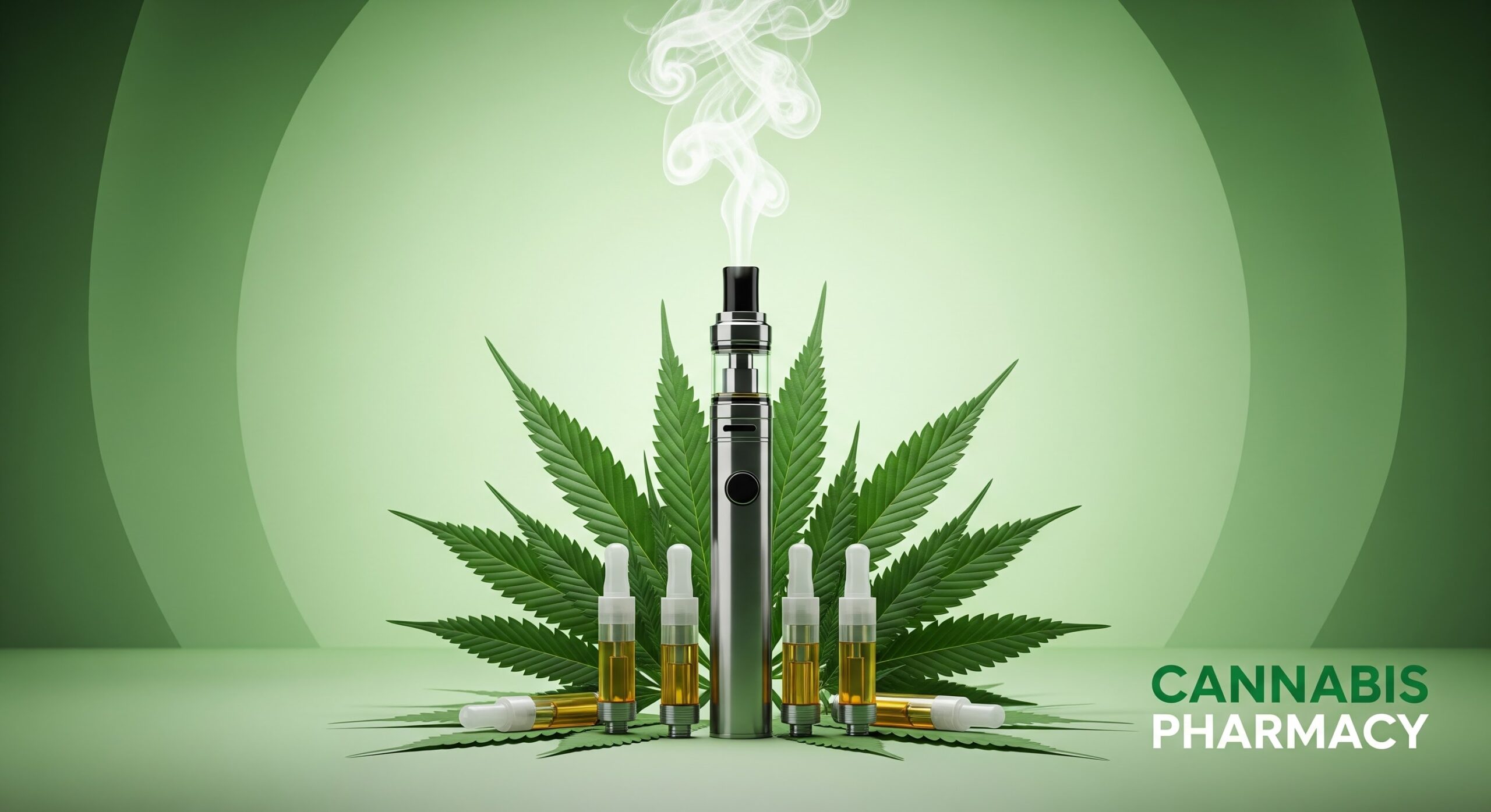 A vape pen emitting smoke is displayed in front of a background of cannabis leaves, surrounded by small bottles of cannabis oil. The image has a green gradient background with the text “Cannabis Pharmacy” in the lower right corner.